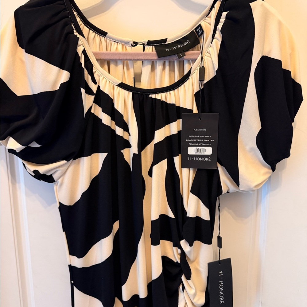 11 Honore Black and Cream Midi Dress with Gathered Front